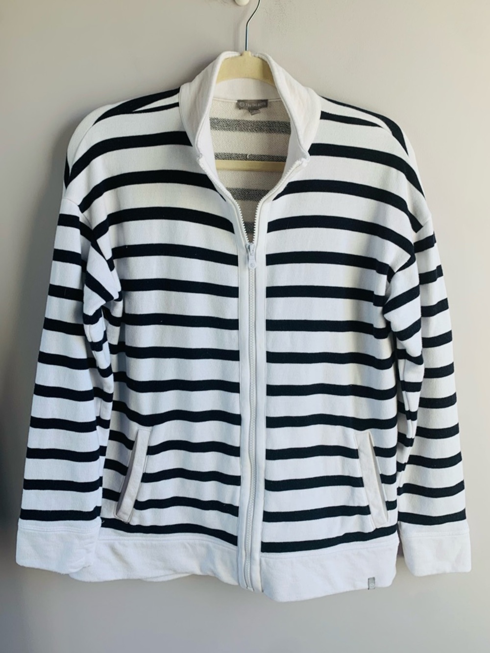 T by Talbots Zip Front Jacket Cream Navy Stripes Cotton Nautical Vacation EUC L